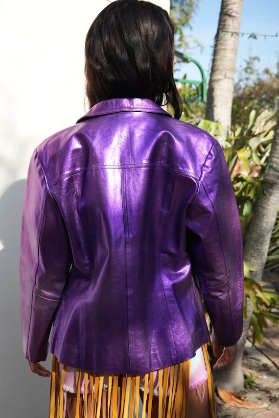 90's Leather Jacket / Nineties Shiny Metallic Pur… - image 4