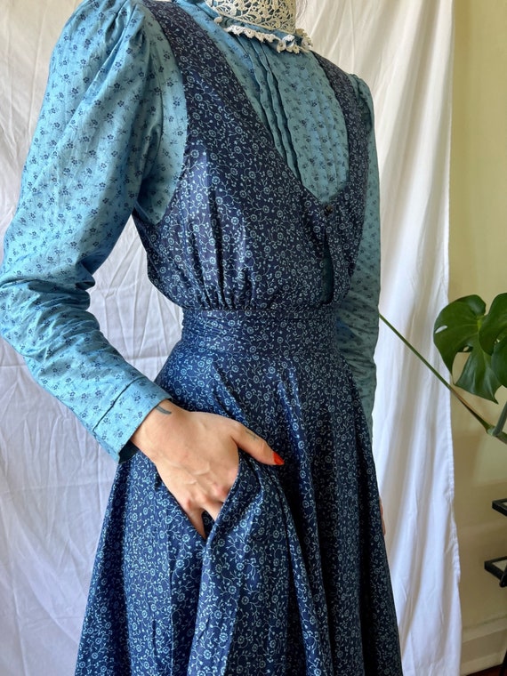 1970's Gunne Sax Cotton Dress / White Lace High Neckl… - Gem