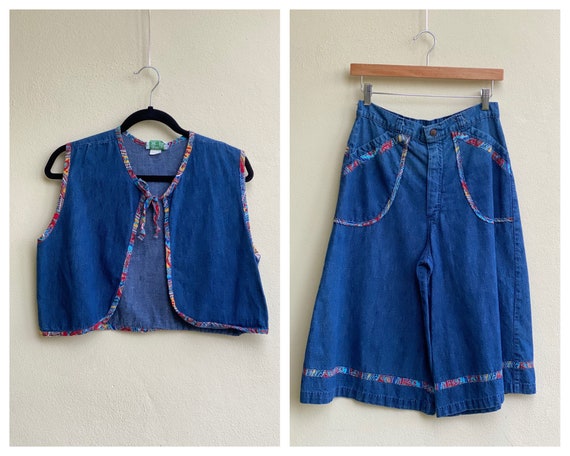 70s Vest + Gaucho Pants Set / Denim Suit / Floral