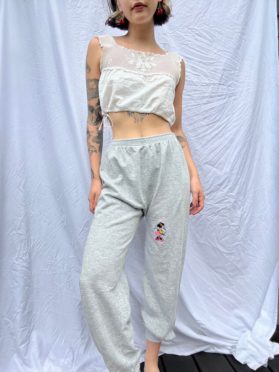 80s Sweatpants / Minnie Mouse Patch Eighties Gray Sweatpants Trousers /  Loungewear / Joggers 