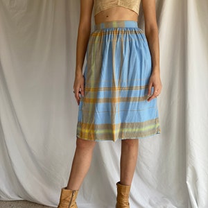 Vintage Cotton Midi Skirt / Plaid Summer Midi Skirt / Blue Orange Beige Yellow Cotton Skirt / 1970's Vintage Skirt image 2