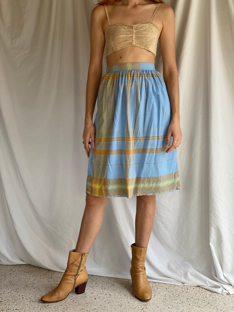 Vintage Cotton Midi Skirt / Plaid Summer Midi Skirt / Blue Orange Beige Yellow Cotton Skirt / 1970's Vintage Skirt image 2