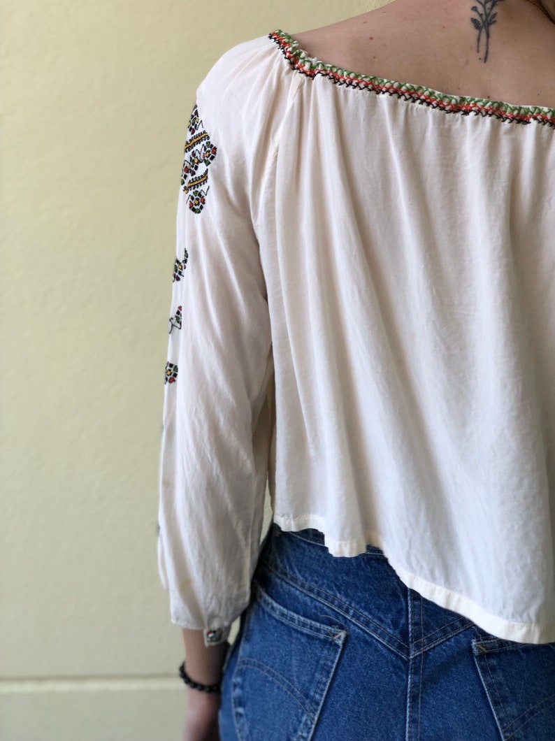 Vintage Embroidered Peasant Blouse Colorful Threading Hungarian Hippie Rayon Blouse Penny Lane Blouse Traditional Russian Embroidery