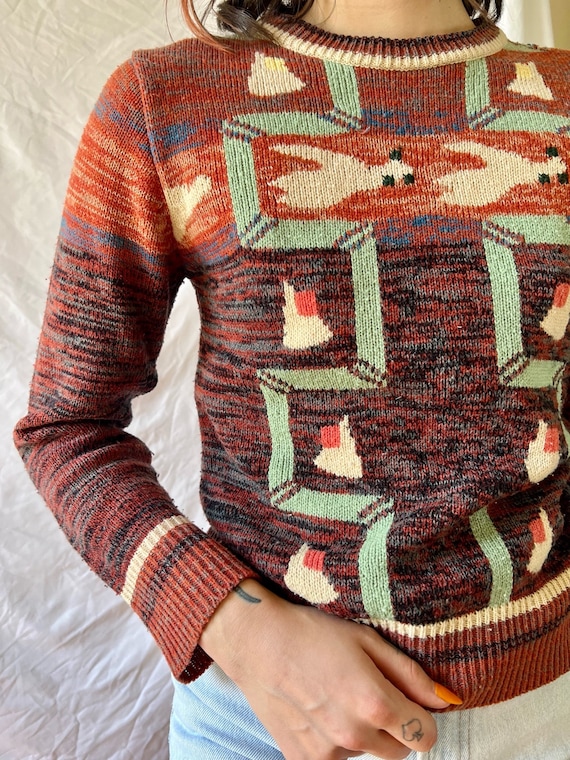 70's Duck Sweater / Acrylic Knit Top / Bird Intar… - image 6