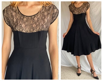 1950's Cocktail Dress / Lace Nude Illusion Bust Neckline / Sexy Black Dress / A Line Dress / 1940's 1950's Cocktail Dress