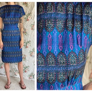 1960&#39;s Cocktail Dress / Blue Printed Acetate Hourglass Dress / Sleeveless Dress / Classic Little Cobalt Wiggle Dress