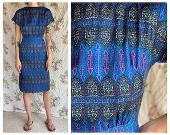 1960's Cocktail Dress / Blue Printed Acetate Hourglass Dress / Sleeveless Dress / Classic Little Cobalt Wiggle Dress