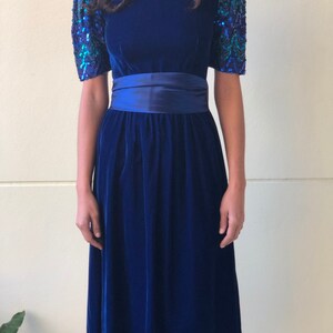 Vintage Velvet Dress / Puffed Sleeve Midi Dress / Blue Crushed Velvet / Haute Hippie Midi Dress / Zig Zag Green and Blue Sequin Dress image 9