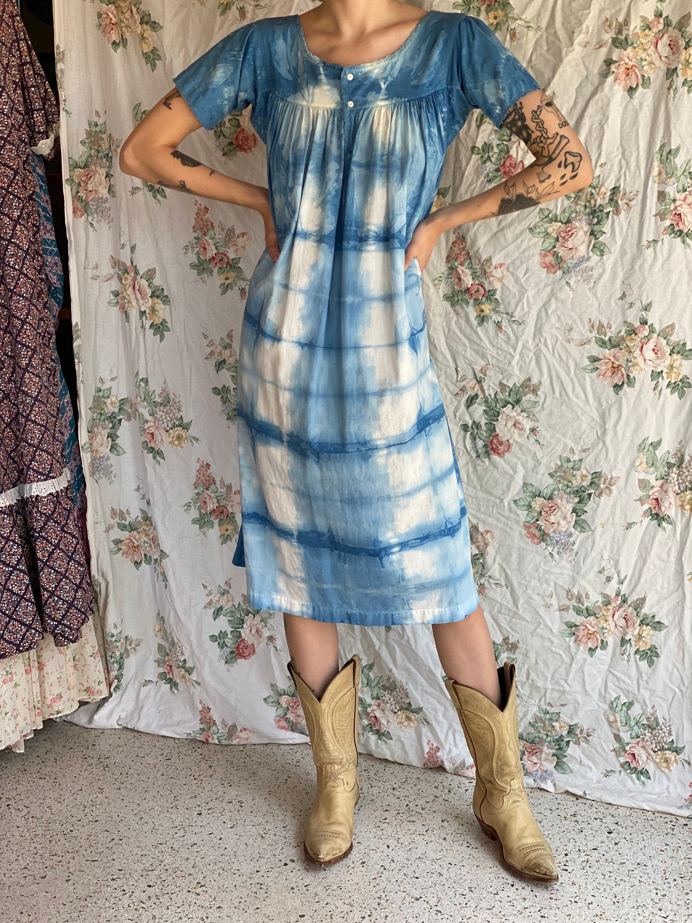 Vintage Indigo Dress / Antique Summer Dress / Cotton Indigo 