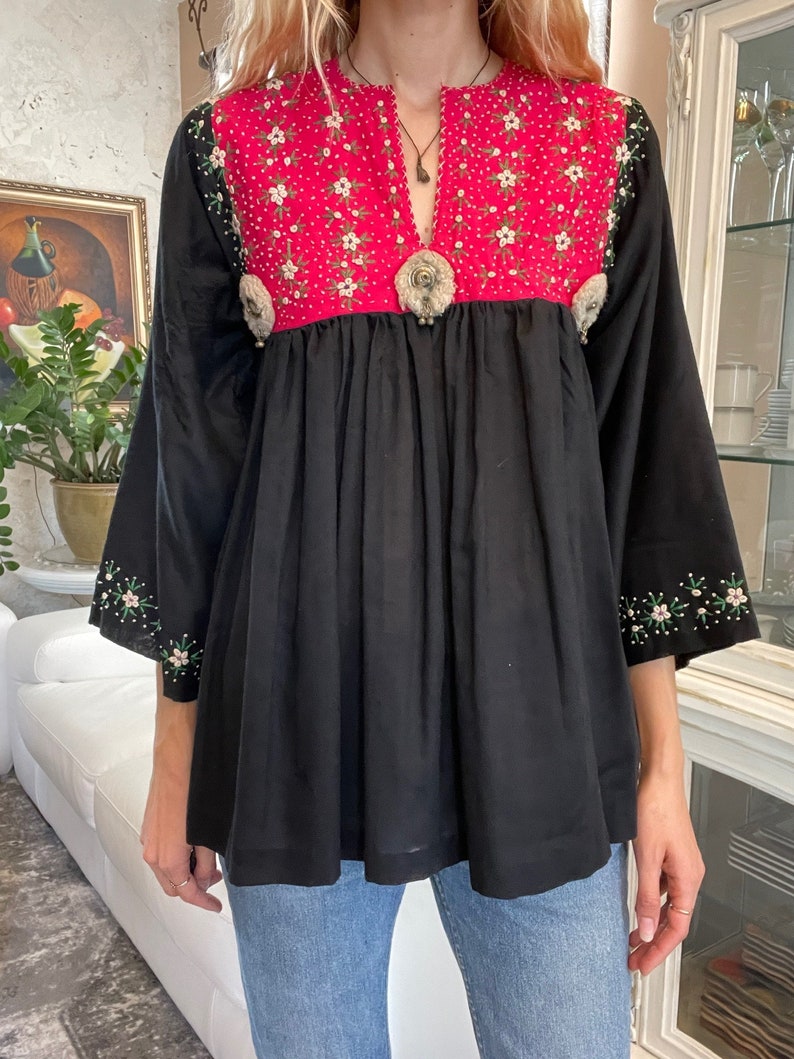 70s Vintage Blouse / Embroidered Colorful Summer Blouse with Metal Bells / Bell Sleeves image 7