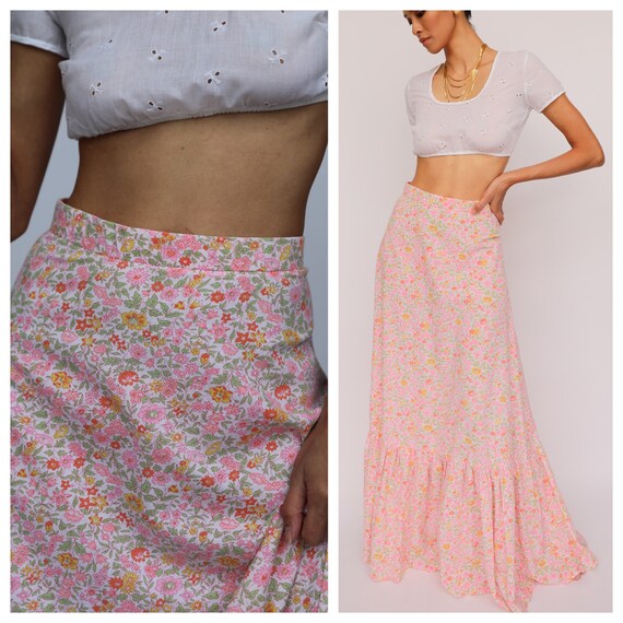 1960s Maxi Skirt / Pink Liberty Printed Cotton Max