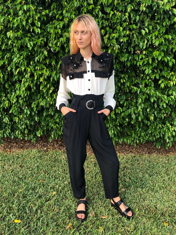 1990s Jumpsuit / Sheer Chiffon and Velvet Flowers