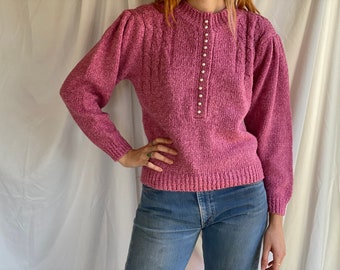 Vintage Pearl Sweater / 80’s Beaded Pale Pink Sweater / Shoulder Pad Fuzzy Sweater / Puffed Sleeves / Slouchy Sweater