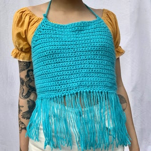 y2k Knit Halter Top / Aqua Blue Cotton Crochet Crop Top / Open Back Summer Top image 3