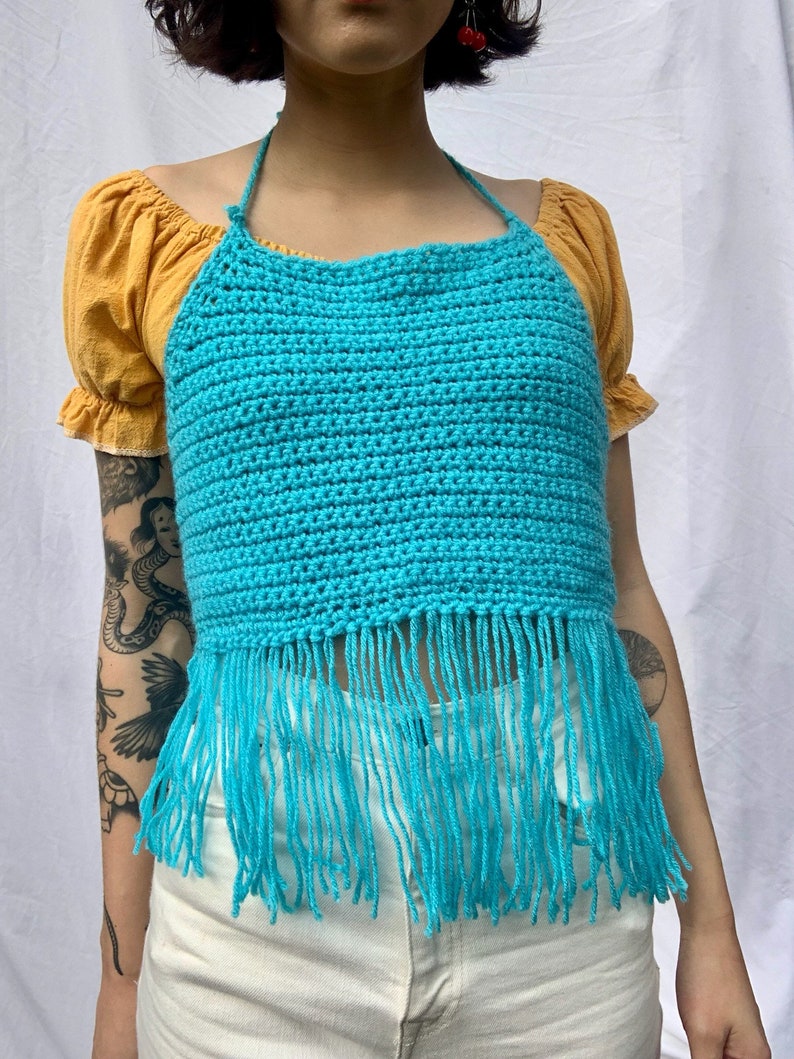 y2k Knit Halter Top / Aqua Blue Cotton Crochet Crop Top / Open Back Summer Top image 3