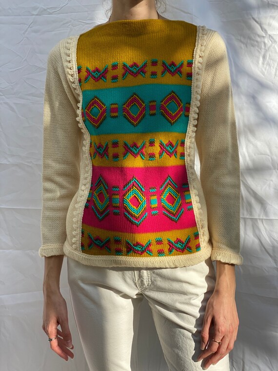 60's Sweater / Cream Wool Hot Pink Aqua Brown Pea… - image 2