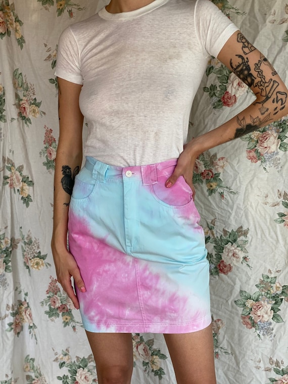 80s Denim Mini Skirt / Tie Dye Pink and Blue Denim