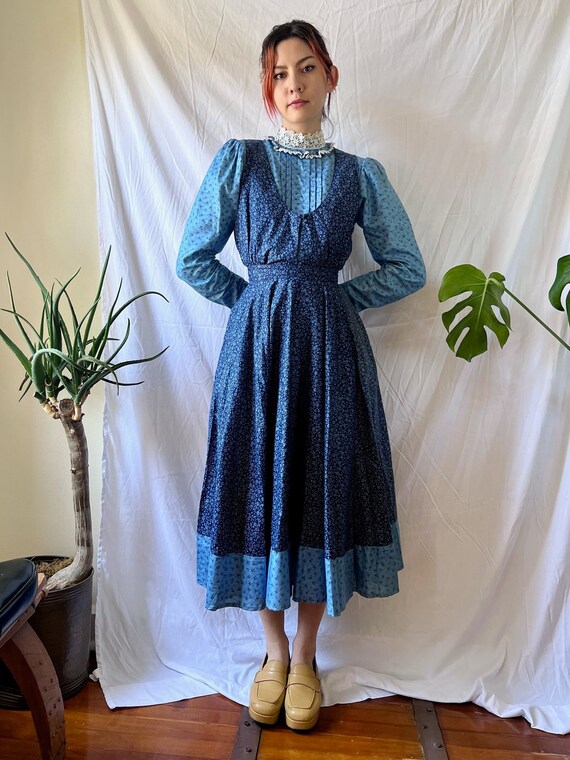 1970's Gunne Sax Cotton Dress / White Lace High Neckl… - Gem