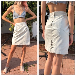 Vintage Leather Mini Skirt / Body Con Mini Skirt / Studded and Zipper Pocketed  / High Waist Skirt / Biker Babe