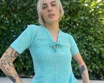 1960's Short Sleeve Sweater / Blue Lace Up Tie Neckline with Grommets Knit Top / Sexy Seventies Top