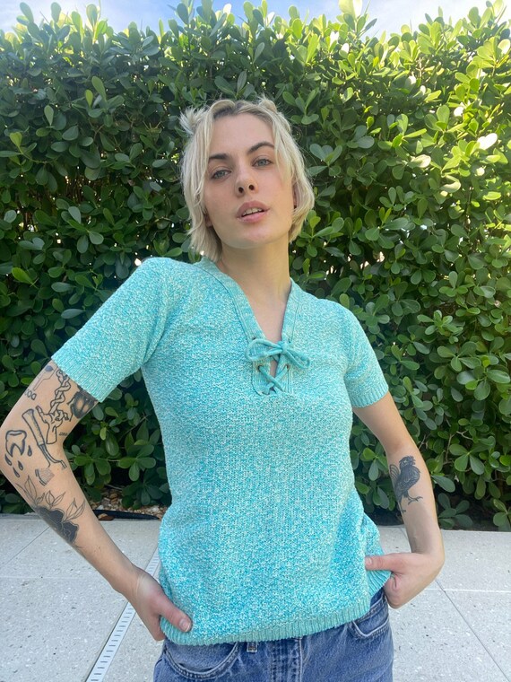1960 s Short Sleeve Sweater Blue Lace up Tie Neckline With