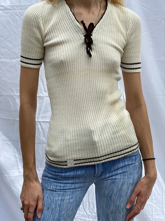 1960's Knit Top / Ribbed Cotton Summer Shirt / Whi
