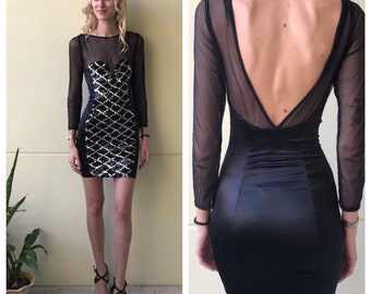 Body Con Mini Dress / Mesh Sweetheart Bust Cut Out Dress / LBD / Bandage Bondage / Sequin Stretchy Dress / Hourglass Dress