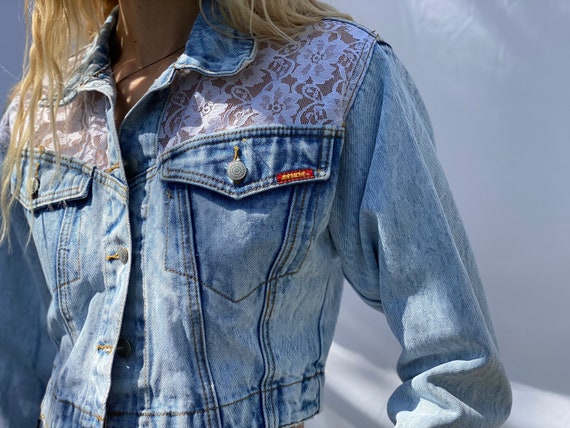 1990's Denim Jacket / Bleached Out Denim / Varsit… - image 6