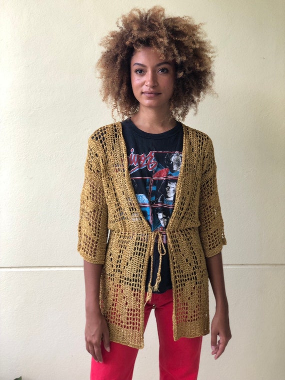 Vintage Gold Cardigan / Open Knit Sweater / Hipst