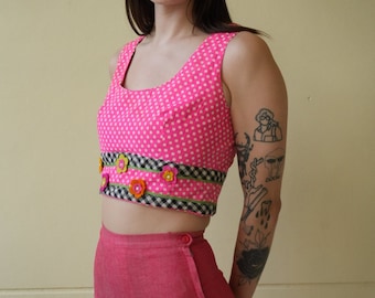 60's Crop Top / Felted Flowers with Faceted Studs Sleeveless Cropped Shirt / Sixties / Cropped Shell Top / Modern 60's Shirt
