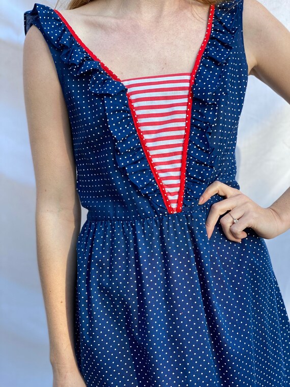 Vintage Summer Dress / Swiss Dotted Blue Red and … - image 5
