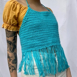 y2k Knit Halter Top / Aqua Blue Cotton Crochet Crop Top / Open Back Summer Top image 4