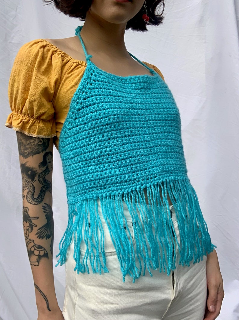 y2k Knit Halter Top / Aqua Blue Cotton Crochet Crop Top / Open Back Summer Top image 4