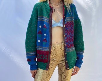 Cardigan en laine surdimensionné / Pull en tricot floral en flocon de neige / Pull confortable des années 1990 / tricots vintage