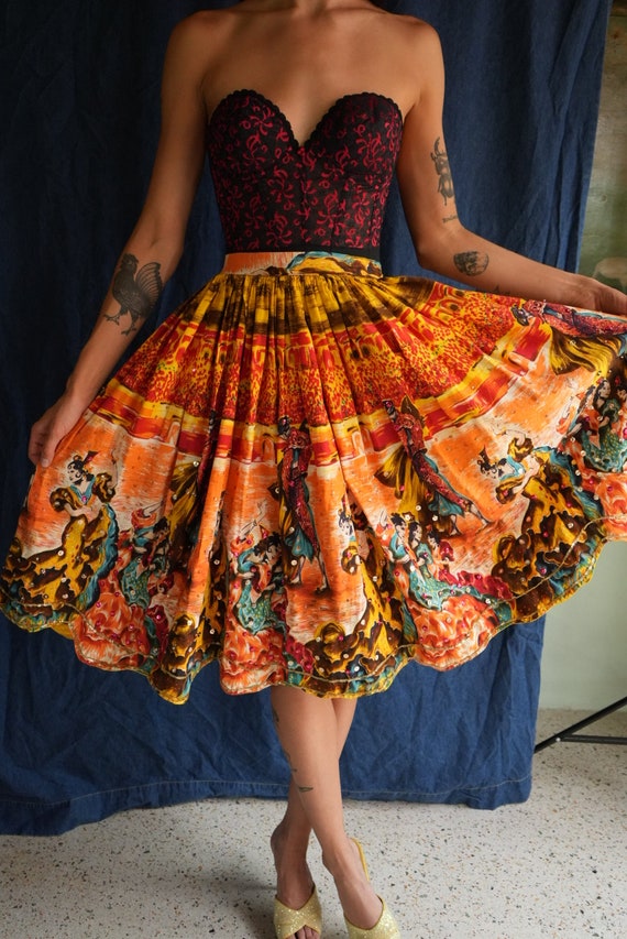 Novelty Flamenco Printed Midi Skirt / Dancing Peop