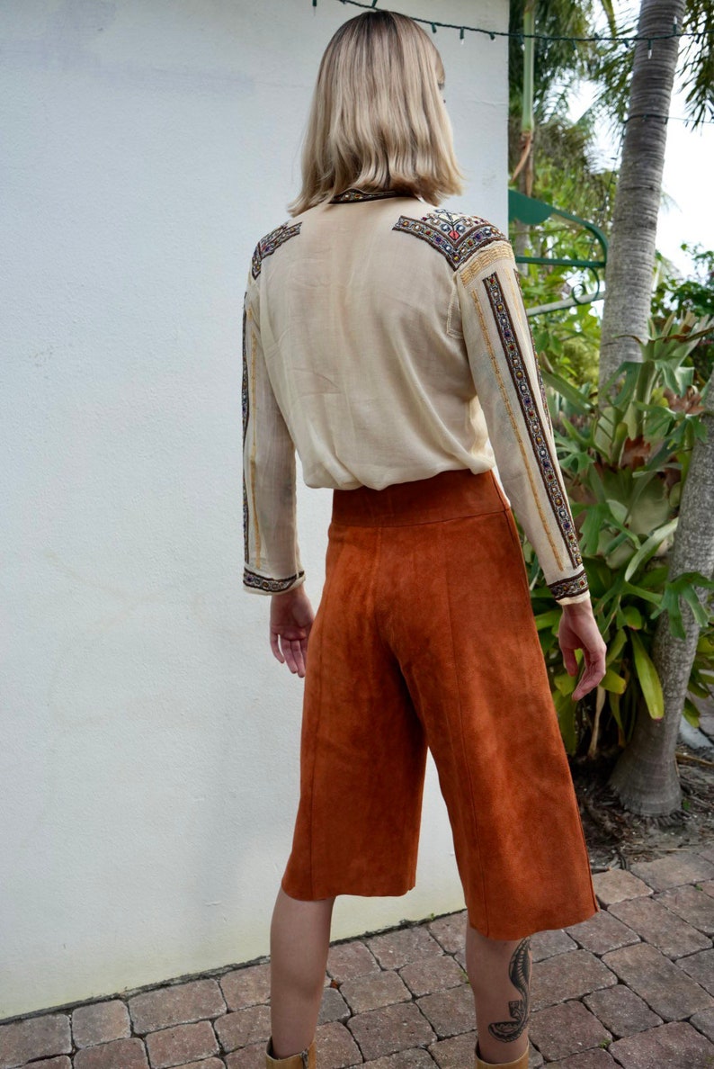 70s Leather Gaucho Pants / Copper Brown Suede Leather Pants / Seventies High Waist Gauchos / High Waist Trousers / High Waters image 8