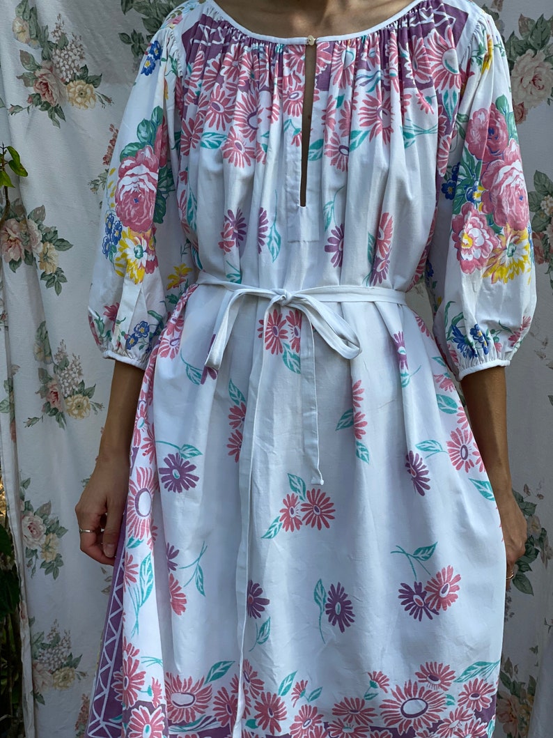 Vintage Novelty Dress / Floral Tablecloth Printed Tunic Balloon Sleeve Dress / Gorgeous Midi Dress / Wedding Guest Dress / Summer Dress image 9