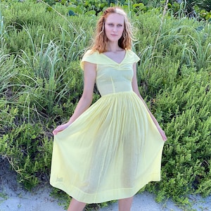 1940&#39;s Sheer Dress / Ethereal Garden Party Dress / Yellow caped Dress / Cotton See Through Plaid Dress / Bridal Party Dress