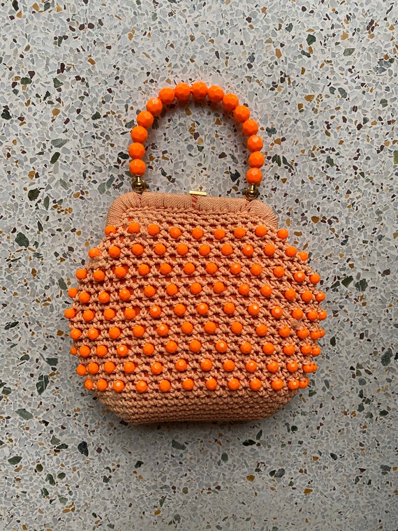 1960's Beaded Raffia Handbag / Top Plastic Handle
