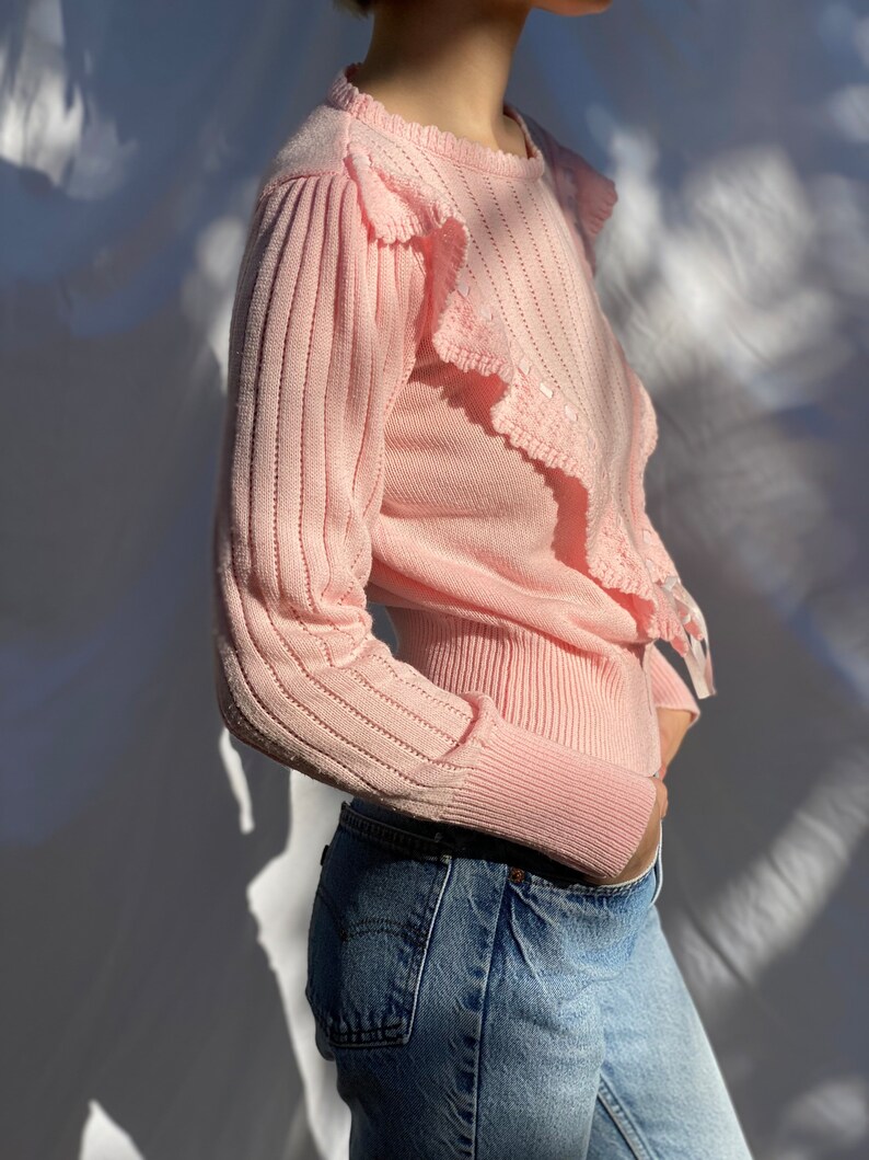 80s Pink Sweater / Ribbon Sweater / Knit 1980's Sweater / Vintage Slim Cut Fit Sweater Knitwear / Baby Pink Cute Sweater image 3