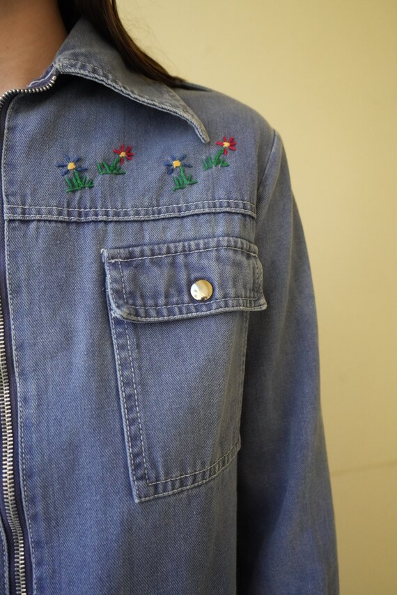 1970's Denim Jacket / Embroidered Floral Mushroom… - image 4