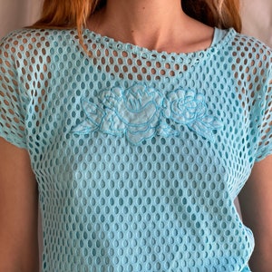80's Mesh Shirt / Netted Sheer shirt / Mesh Summer Top / See Through Floral Shirt / Beach Cover Up / Aqua Blue Layer Shirt image 4
