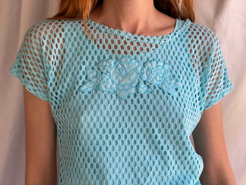 80's Mesh Shirt / Netted Sheer shirt / Mesh Summer Top / See Through Floral Shirt / Beach Cover Up / Aqua Blue Layer Shirt image 4