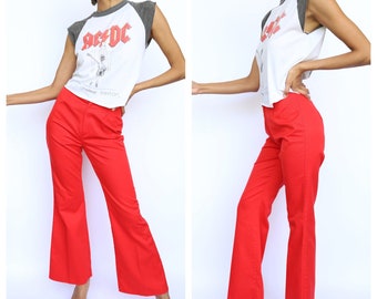 Vintage Red 70's Pants / Red Cotton Jeans / 1970's Cherry Red Vintage Flared Pants / Mid Rise Cotton Slacks