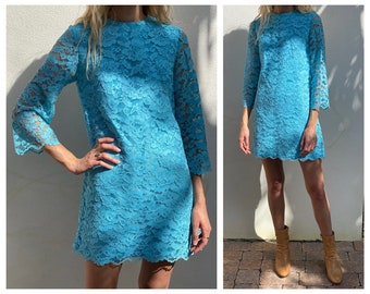 1960er Minikleid / Twiggy Mod Sixties Minikleid / federndes blaues Spitzenkleid / Sixties Dolly Ditzy Kleid / Hochzeitskleid / Brautparty