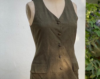 90s Silk Vest / Pressed Silk Sleeveless Waist Coat / Nineties Tank Top / Sleeveless Shirt Vest / Olive