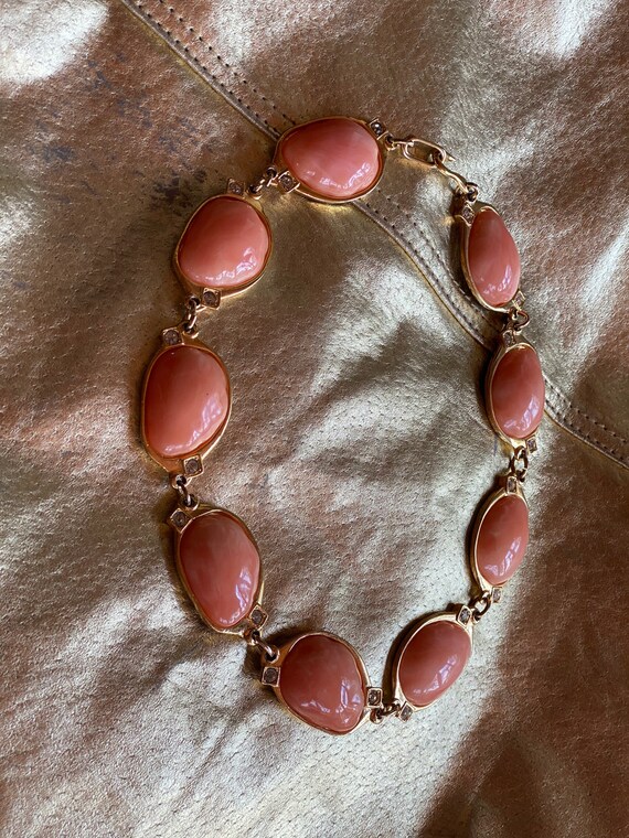 1980's Gold Rhinestone Peach Statement Necklace /… - image 2