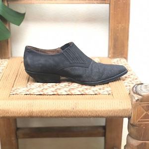 Size 7.5-8 Boots / Guess 90&#39;s Cropped Ankle Boots / Denim and Black Leather / Wooden Stacked Boots / Cropped Cowboy Boots / Made in Spain