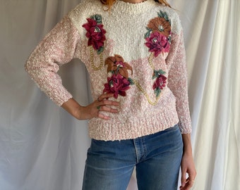 Vintage Bead Sweater / Pearly Beaded 80’s Appliqué Popcorn Knit Sweater / Knubby Sweater / Slouchy Sweater / Nubby Sweater