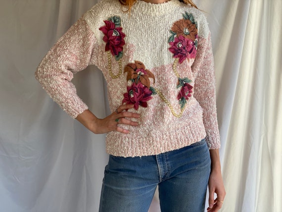 Vintage Bead Sweater / Pearly Beaded 80’s Appliqu… - image 1